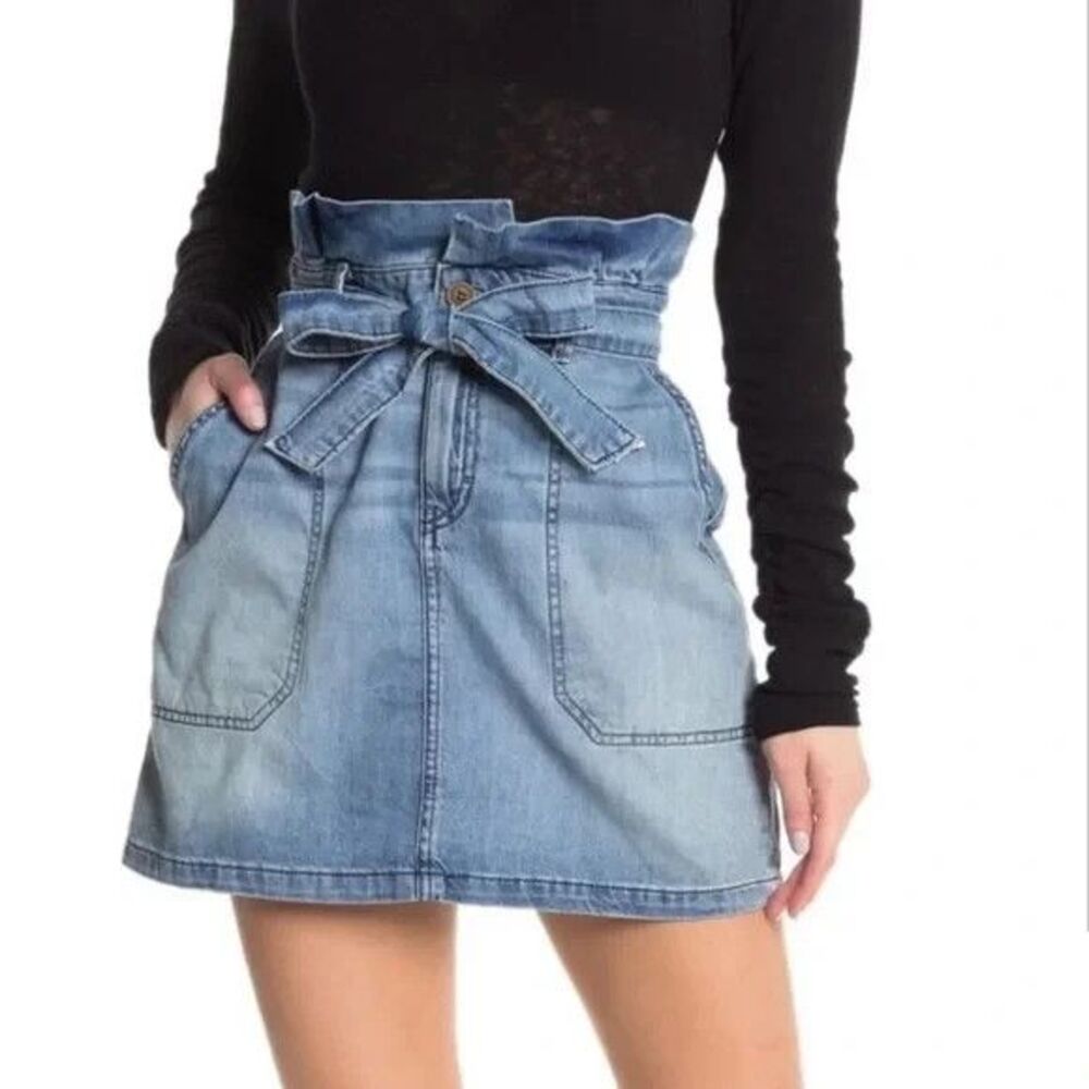Free People Splendor In The Grass Paperbag Denim Tie Waist Mini Skirt Size 8
